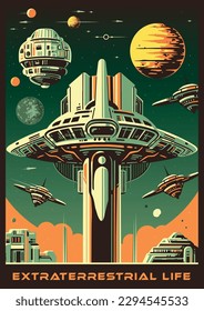 Extraterrestrial life colorful vintage poster with futuristic space city and flying saucers near planets from galaxy or universe vector illustration