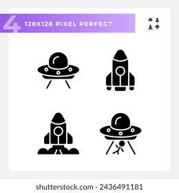 Extraterrestrial life pixel perfect black glyph icons set on white space. Space exploration. First contact. Science fiction. Silhouette symbols. Solid pictogram pack. Vector isolated illustration