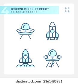 Íconos de azul claro perfectos para píxeles de vida extraterrestre. Exploración espacial. Primer contacto. Ciencia ficción. Color RGB. Iconos del sitio web establecidos. Elemento de diseño simple. Dibujo de contorno. Ilustración de línea
