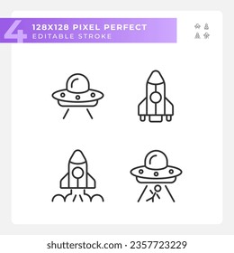 Extraterrestrial life pixel perfect linear icons set. Space exploration. First contact. Science fiction. Customizable thin line symbols. Isolated vector outline illustrations. Editable stroke