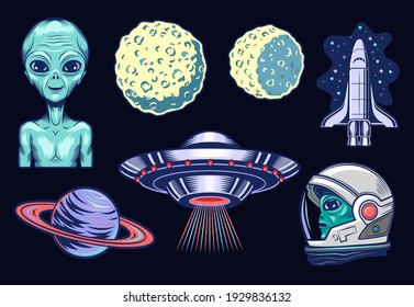 Extraterrestrial life set. Aliens in spacesuit, planet, spaceship, ufo colored isolated vector illustrations. For fantasy, universe, cosmic objects concept