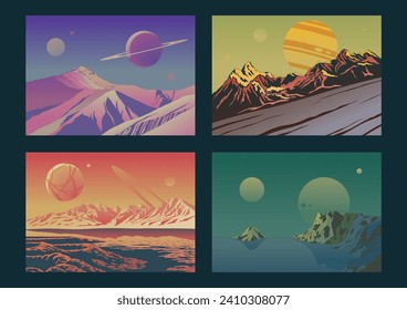 Extraterrestrial Panorama Set, Distant Planets Landscapes, Colorful Space Posters Backgrounds