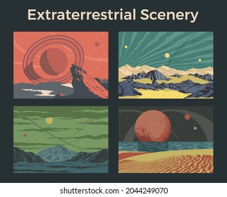 Extraterrestrial Scenery Vector Illustrations, Mountains, Ocean, Sands, Skies and Unknown Planets 