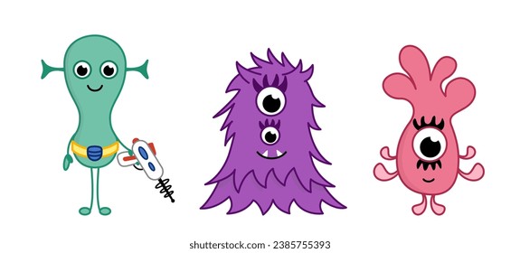 Extraterrestrial and space monsters. Pink, green, purple aliens. Cartoon. Isolated vector illustration eps 10