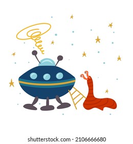 Buque espacial extraterritorial con un extranjero. Ilustración vectorial con estilo de dibujos animados con estrellas para su diseño.