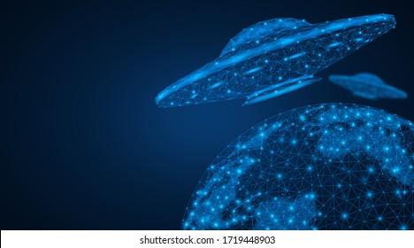 An extraterrestrial spacecraft flying over the planet earth. A low-poly model of a UFO hovering over the globe. Blue background.