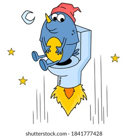 extraterrestrials fly using the rocket water closet. cartoon illustration sticker emoticon