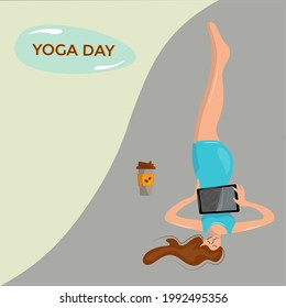 Extravagant girl doing yoga and working at the computer. Work and sports at home. Modern reality. Yoga every day, healthy lifestyle. Creative woman and laptop. World Yoga Day. Free space vector.