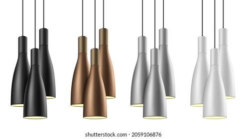 Extravagant pendant lights in black, brass, chrome, and white colors. Set of elegant metal chandelier lamps vector illustration, isolated on white background.