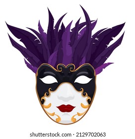 Extravagant Volto mask with black and golden decorations and feathered plume in the top, for female use during the Venice's carnival season.