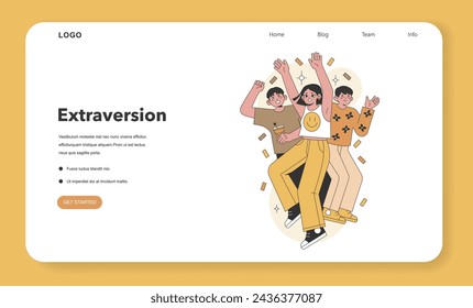 Extraversion in the Big Five Personality. Group of joyful friends embodying sociability and high energy. Representation of outgoing personalities. Flat vector illustration.