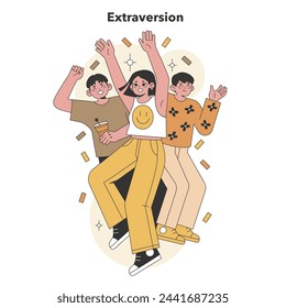 Extraversion in the Big Five Personality. Group of joyful friends embodying sociability and high energy. Representation of outgoing personalities. Flat vector illustration.