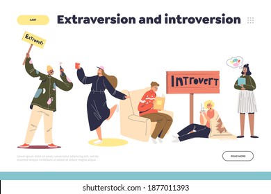 Extraversion and introversion concept of landing page with people extraverts and introverts relaxing while dancing in group or alone at home. Cartoon flat vector illustration