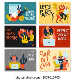 Extraversion introversion horizontal cards on color background with persons during recreation isolated hand drawn vector illustration