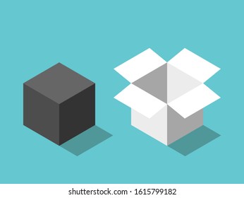 Extraversion, introversion, personality, psychology, creativity and relationship concept. Closed cube and open box. Flat design. EPS 8 vector illustration, no transparency, no gradients