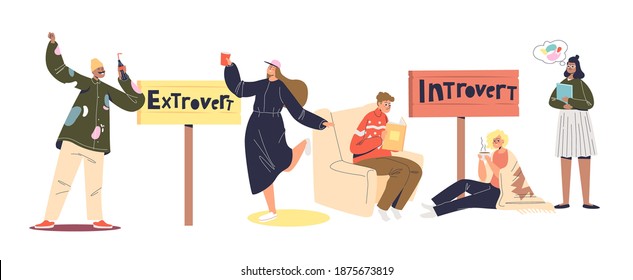 Extravert and introvert cartoon characters. Set of people of introverted and extraverted mindset. Active and calm young men and women. Flat vector illustration