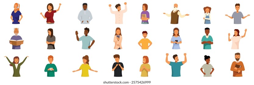 Extravert introvert people icons set. Diverse group of people expressing various emotions and gestures, showcasing effective communication through body language