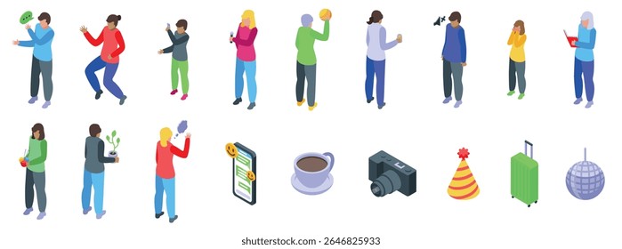  Extravert introvert people icons set. People engaging in various activities, from communication and social interaction to leisure pursuits and travel