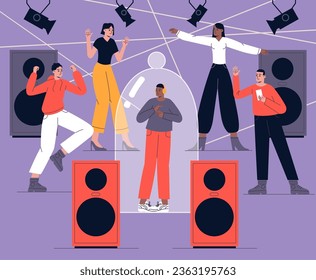 Extravert party with introvert. Lonely guy under glass hood. Funny people dancing. Night club entertainment. Sociable and withdrawn cartoon persons. Psychology mindset