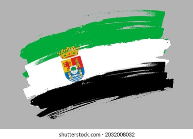 The Extremadura flag, Spain. Spanish autonomous community banner brush style. Horizontal vector Illustration isolated on gray background.  