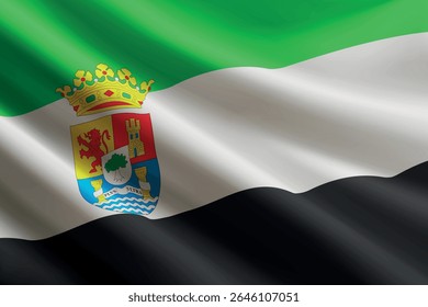Bandeira da Estremadura acenando ao vento, textura de seda detalhada e realista. comunidade autônoma da Espanha