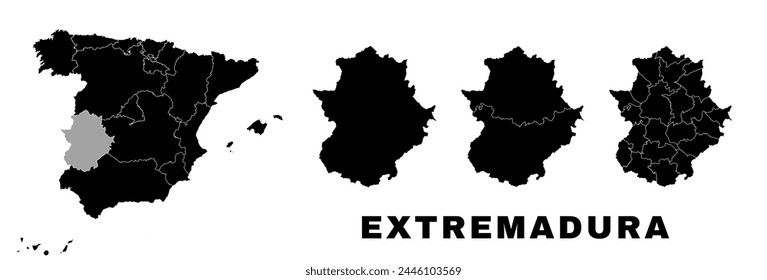 Extremadura map, autonomous community in Spain. Spanish administrative division, regions, boroughs and municipalities.