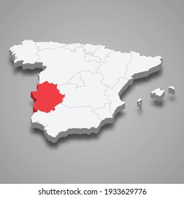 Extremadura region location within Spain 3d isometric map