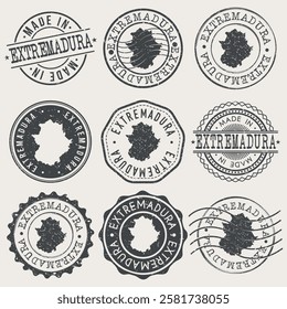 Extremadura, Spain Set of Stamps. City Travel Marks. Made In Product. Design Seals Old Style Insignia.