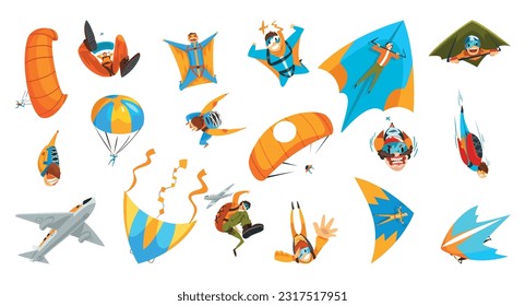 Extremal Fly with Man Skydiver with Parachute and Paraglider Vector Set