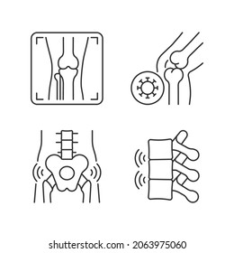 Dolor extremo en los iconos lineales de los huesos. Artritis x raya. Enfermedad articular infecciosa. Reumatismo de cadera. Símbolos de contorno de línea delgada personalizables. Ilustraciones aisladas del contorno vectorial. Trazo editable