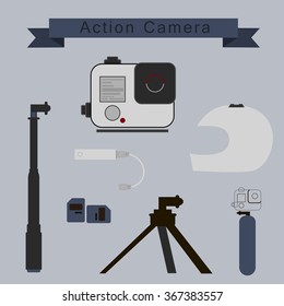 Extreme Action Camera Icon Set and Accessories. Vector Illustration.