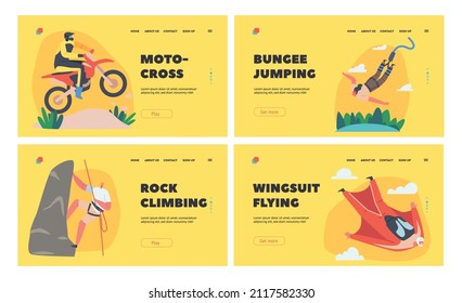 Extreme Activities and Sport Landing Page Template Set. Bungee Jumping, Wingsuit Flying, Off Road Biking, Mountain Climbing, Sportsmen Characters Recreation. Cartoon People Vector Illustration