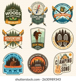 Arte de aventura extrema para pôster, patch, adesivo com citação de acampamento. Vetor. Conceito para camisa ou logotipo, impressão, carimbo ou T. Acampamento de verão