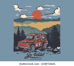 Extreme adventure artwork for poster, sticker, background and others. Nature is better. All good things are wild and free. Mountain and car design, pain tree. Summer road trip. 