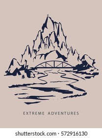 Extreme adventure, river and mountain views, tattoos, T-shirts, vector illustration.