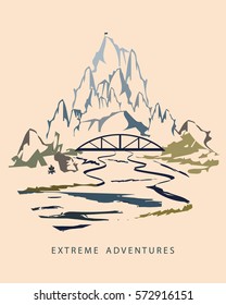 Extreme adventure, river and mountain views, color tattoos, T-shirts, vector illustration.