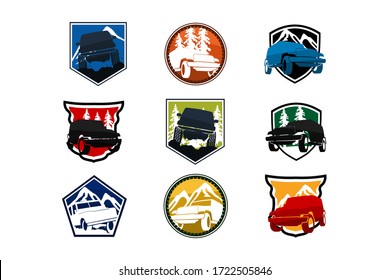 extreme adventure sport utility vehicle car icon for community emblem. Off-road car vehicle logo sign design for journey travel agency or club in holiday drive over forest.