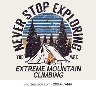 Extreme adventure vintage vector artwork for t shirts, sticker, background and other uses. Campfire graphic print design.