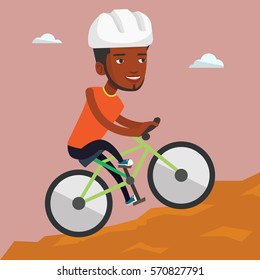 Extreme african-american man riding on mountain bike. Young confident male tourist in helmet traveling in the mountains on a mountain bicycle. Vector flat design illustration. Square layout.