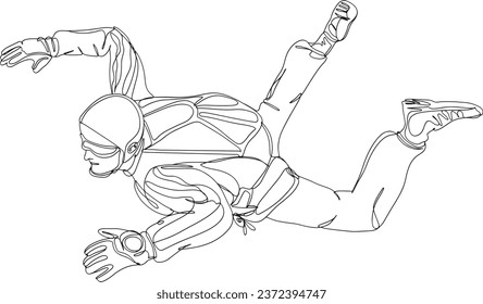 Extreme Athlete in Silhouette: Skydiving Line Art, Hand-Drawn Parachutist in Action: Doodle Art, Parachute Skydiver Linear Icon in Thin Line Style