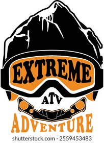 Extreme ATV Adventure logo Illustration. ATV Helmet with mountain shape for the top and googles in the front. At the bottom is Illustration of ATV's front side grill and lamp. 