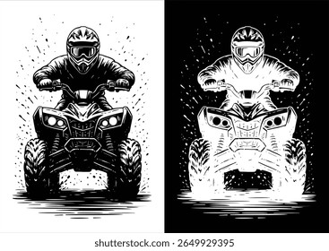 Extreme ATV Rider Splashing Through Mud - preto e branco vetor linha arte