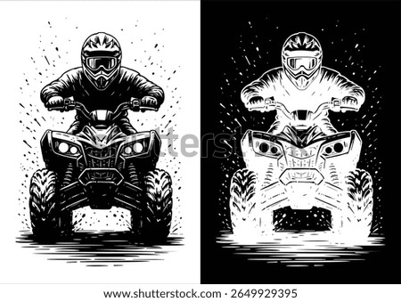 Extreme ATV Rider Splashing Through Mud – Black and White Vector Line Art