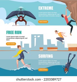 Extreme banners. Outdoor active sport travellers characters in action poses biking hiking swimming runners jumpers swanky vector templates