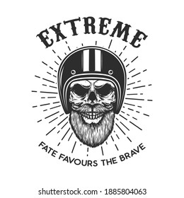 Extreme. Bearded skull in racer helmet. Design element for logo, label, sign, emblem, poster, t shirt. Vector illustration