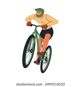 Extreme bicycle ride. Young happy man performing wheel hop, trick, cycling mountain bike. Excited joyful cyclist in helmet, enjoying action. Flat vector illustration isolated on white background