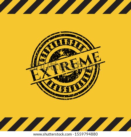 Extreme black grunge emblem inside yellow warning sign. Vector Illustration. Detailed.