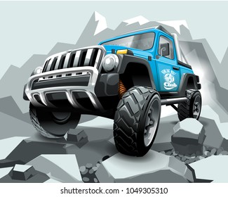 Extreme blue Off Road Vehicle SUV on mountain.