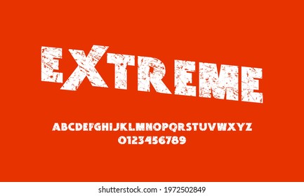 Extreme bold sans serif font in classic style. Letters and numbers with rough texture for headline and emblem design. White print on red background