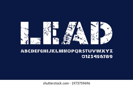 Extreme bold stencil-plate sans serif font in military style. Letters and numbers with rough texture for headline and emblem design. White print on blue background